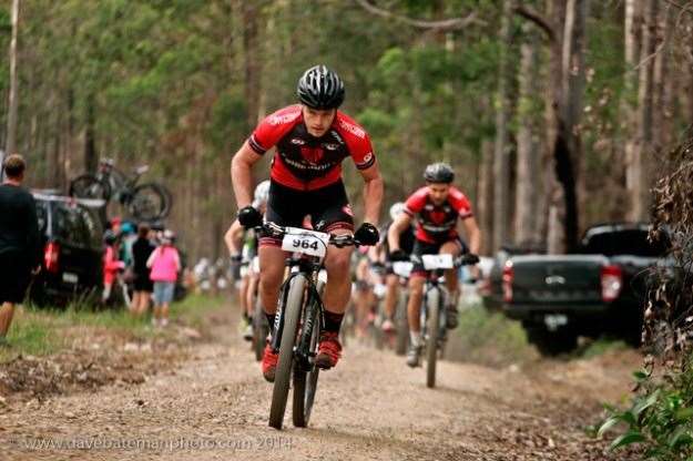 Trek Racing’s Jack Lavis leads out team mate Ed McDonald though the frenetic opening moments of the race