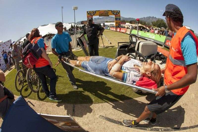 Jennie Stenerhag being carried off the finish line after stage 3 of the 2016 Absa Cape Epic Mountain Bike stage race held from Saronsberg Wine Estate in Tulbagh to the Cape Peninsula University of Technology in Wellington, South Africa on the 16th March 2016 Photo by Sam Clark/Cape Epic/SPORTZPICS PLEASE ENSURE THE APPROPRIATE CREDIT IS GIVEN TO THE PHOTOGRAPHER AND SPORTZPICS ALONG WITH THE ABSA CAPE EPIC ace2016