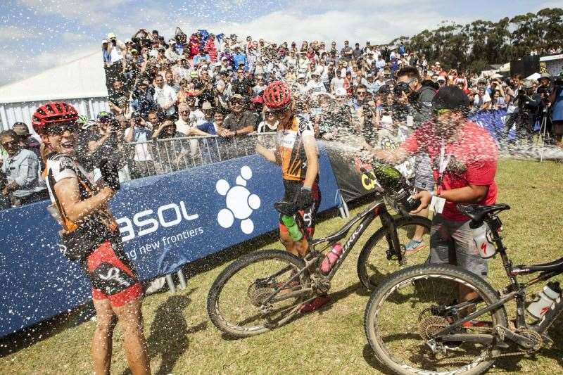 Annika Langvad and Ariane Kleinhansn being congratulated after the final stage (stage 7) of the 2016 Absa Cape Epic Mountain Bike stage race from Boschendal in Stellenbosch to Meerendal Wine Estate in Durbanville, South Africa on the 20th March 2016 Photo by Sam Clark/Cape Epic/SPORTZPICS PLEASE ENSURE THE APPROPRIATE CREDIT IS GIVEN TO THE PHOTOGRAPHER AND SPORTZPICS ALONG WITH THE ABSA CAPE EPIC {ace2016}
