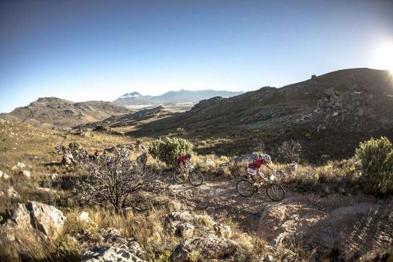 Nicola Rohrbach and Matthias Pfommer of Team Centurion Vaude by Meerendal 2 lead the bunch during stage 3 of the 2016 Absa Cape Epic Mountain Bike stage race held from Saronsberg Wine Estate in Tulbagh to the Cape Peninsula University of Technology in Wellington, South Africa on the 16th March 2016 Photo by Nick Muzik/Cape Epic/SPORTZPICS PLEASE ENSURE THE APPROPRIATE CREDIT IS GIVEN TO THE PHOTOGRAPHER AND SPORTZPICS ALONG WITH THE ABSA CAPE EPIC ace2016