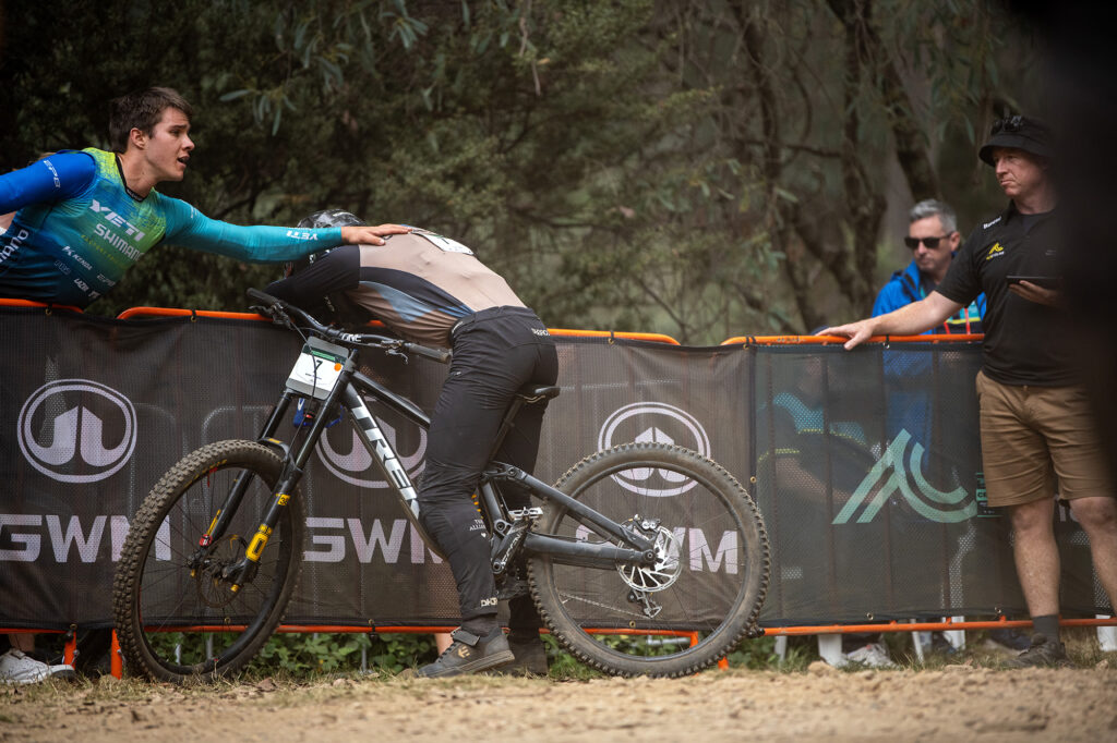 Downhill mountain biker after race run